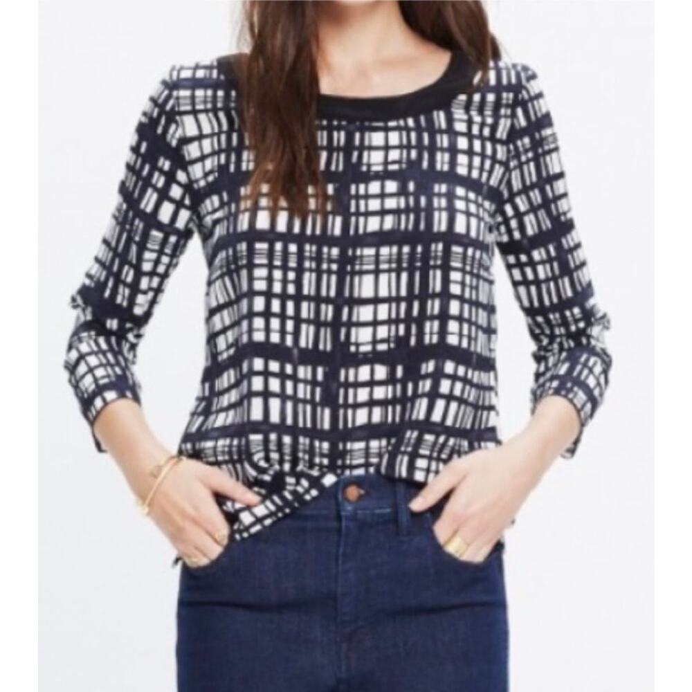 Madewell mulberry silk blouse brushstroke 3/4 sleeve zipper, size large, E4807